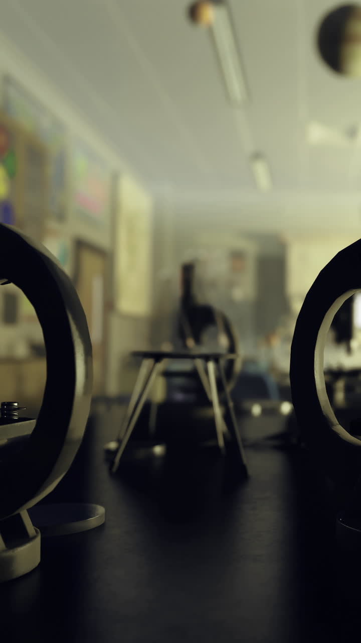 Objects on a table in a classroom during a science lesson with blurred focus