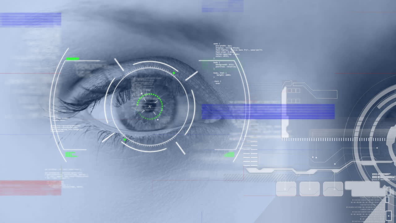 Digital interface with data processing against close up of female eye