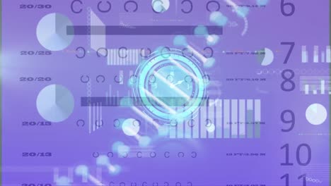 Animation-of-data-processing-and-dna-strand-over-clock-moving