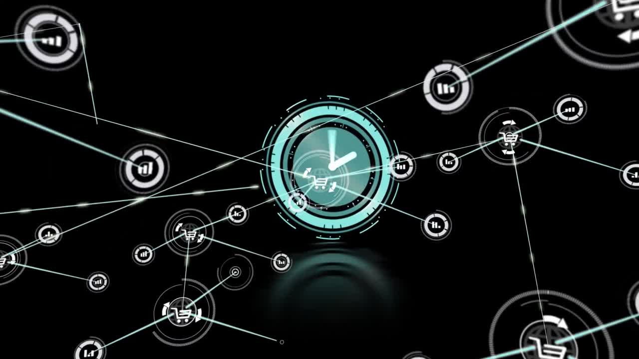 Animation of network of connections with icons over clock