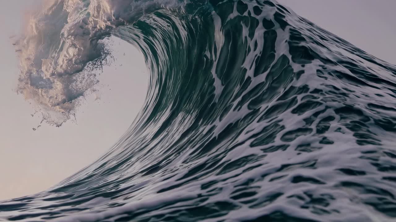 Dynamic video of a powerful ocean wave captured from a low angle, highlighting the texture