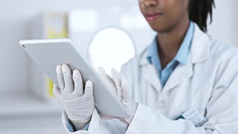 tablet, science and hands of woman in laboratory