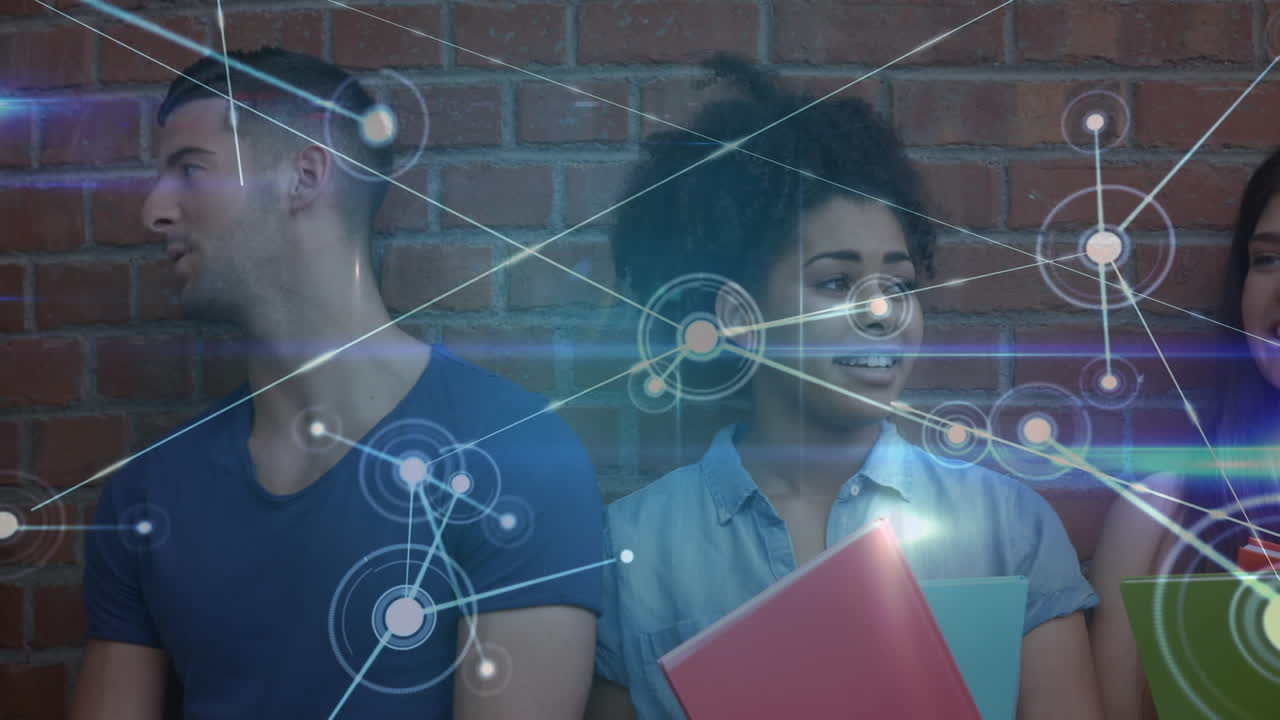 red brillante de conexiones contra un grupo de estudiantes universitarios hablando entre sí