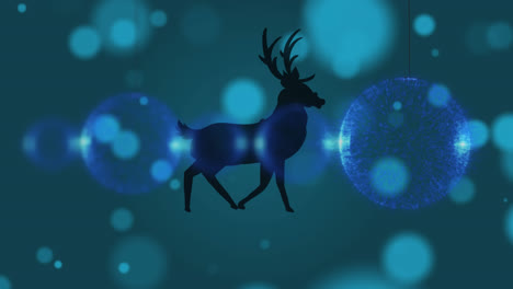 animation of christmas balls over running reindeer and blue bokeh