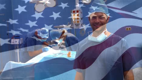 animation of flag of usa waving over surgeon in operating theatre