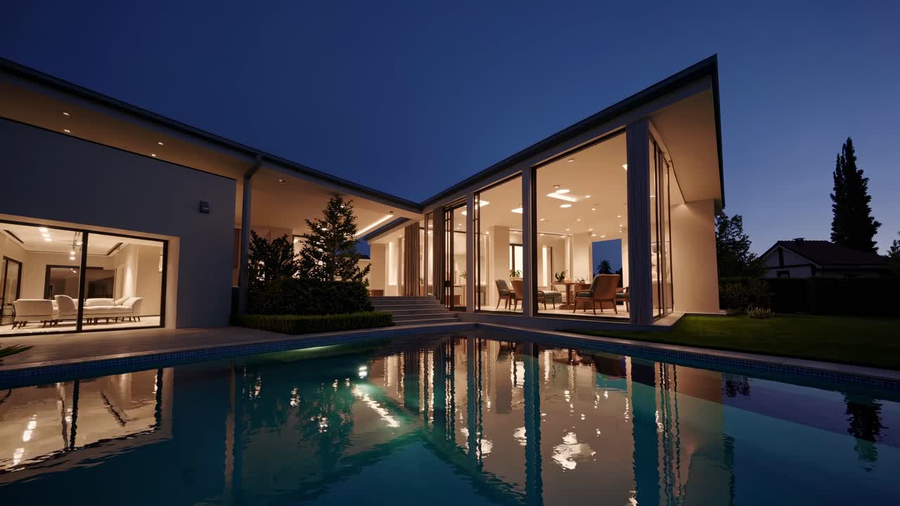 Modern house with large glass windows reflecting in a pool at dusk