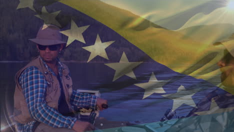 animación de la bandera de bosnia y herzegovina sobre hombres caucásicos pescando