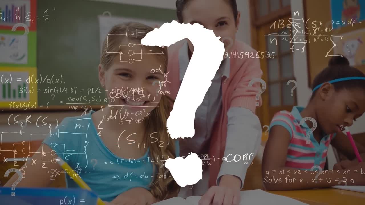 Animation of question mark and mathematical formulas over students and teacher