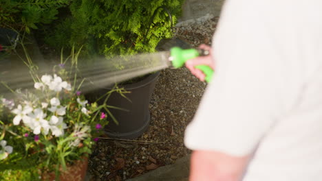 Gärtner-Besprüht-Terrassenblütenpflanzen-Mit-Wasserschlauch-Am-Sommermorgen