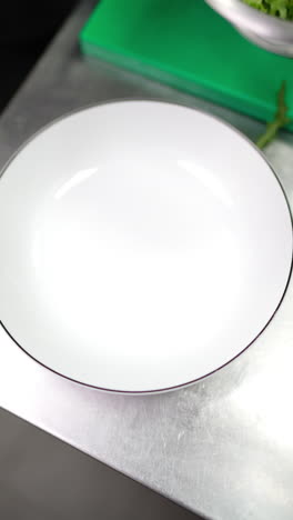 vertical footage gloved hands positioning delicate arugula leaves precisely on pristine porcelain plate, crafting elegant culinary presentation
