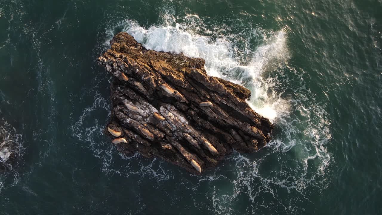 Aerial footage of San Mateo Rocks in San Clemente, California, during golden hour