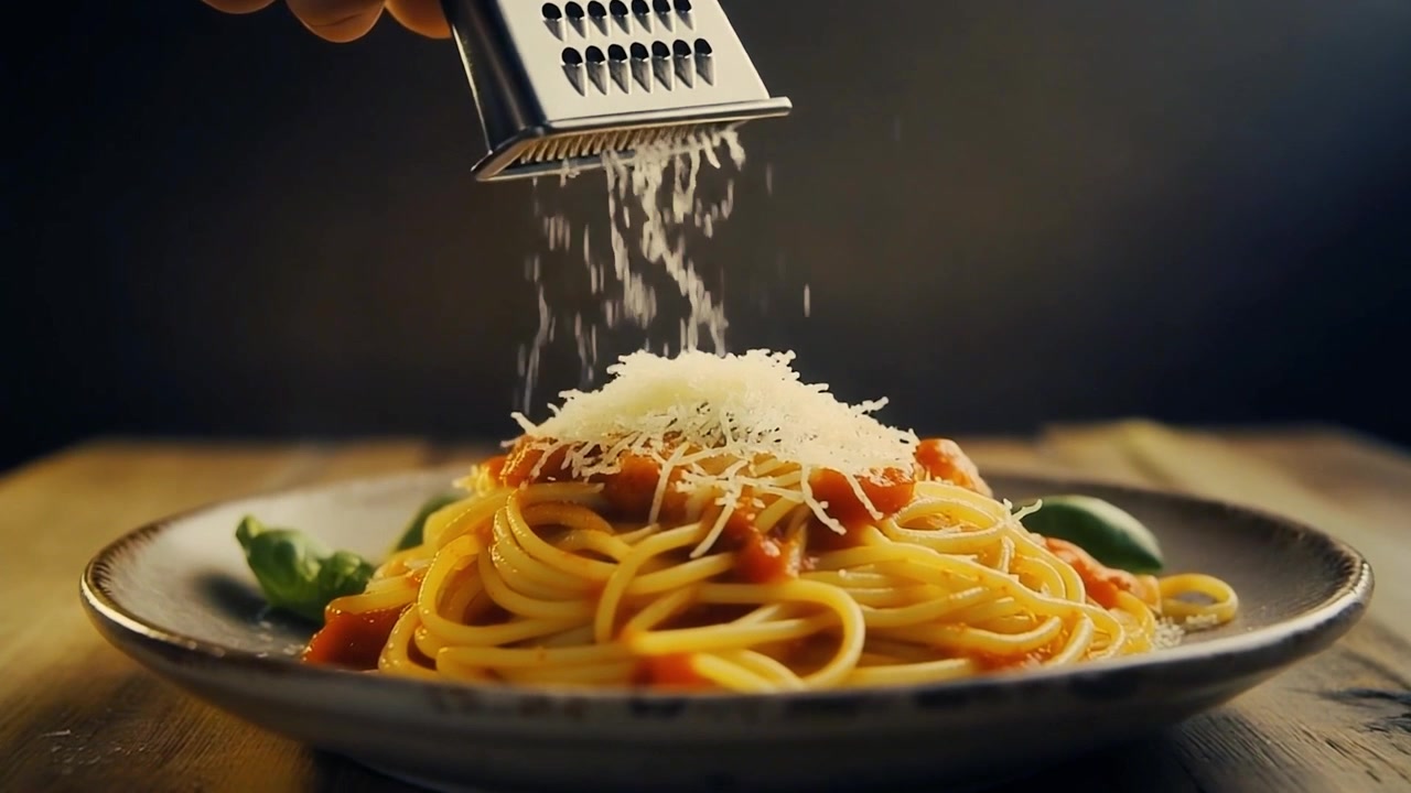 Parmigiano fresco grattugiato sugli spaghetti