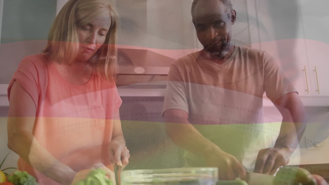 Animation of german flag over diverse couple preparing food