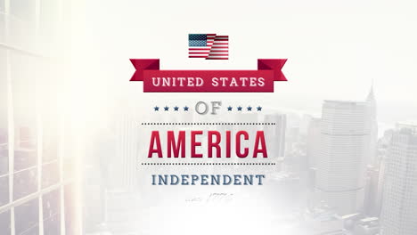 animation of united states of america independent text over american flag and cityscape