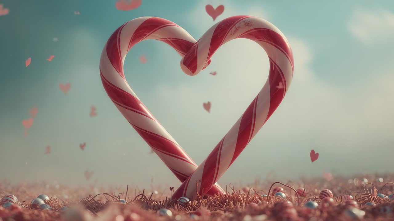 Rising pink confetti swirling around striped candy cane heart amid field of silver spheres