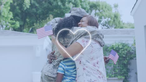 animation of hearts over happy african american soldier mother hugging kids and husband