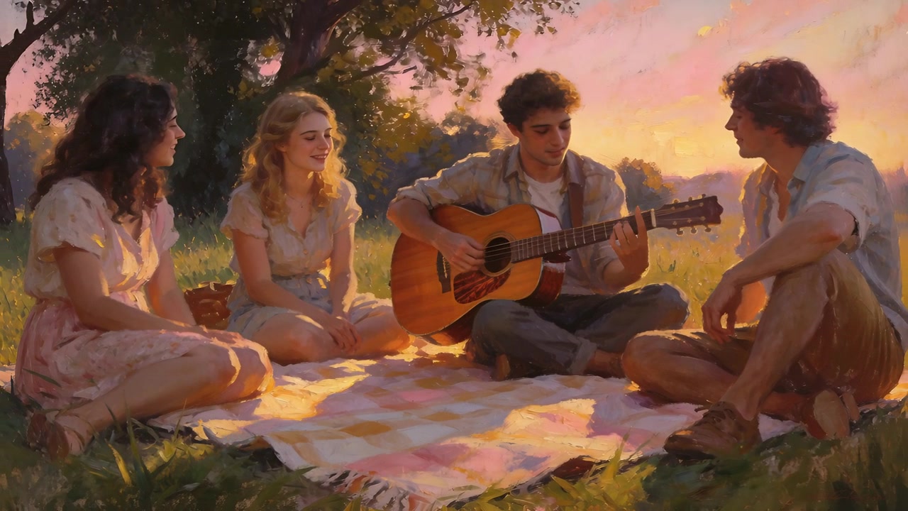 Mand der spiller akustisk guitar på et ternet tæppe i parken ved solnedgang, mens kvinder deler musik.