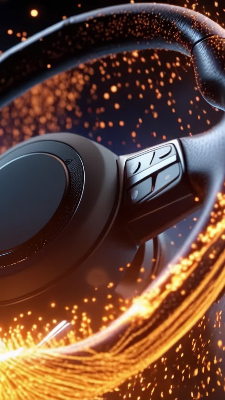 A Close-Up Perspective of an Innovative Car Steering Wheel Design with Sparkling Lights and Modern Features in a Futuristic Setting
