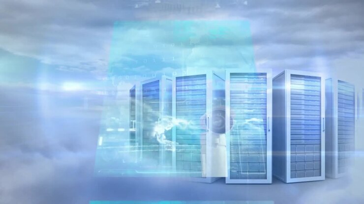 Animation of data processing and servers over clouds
