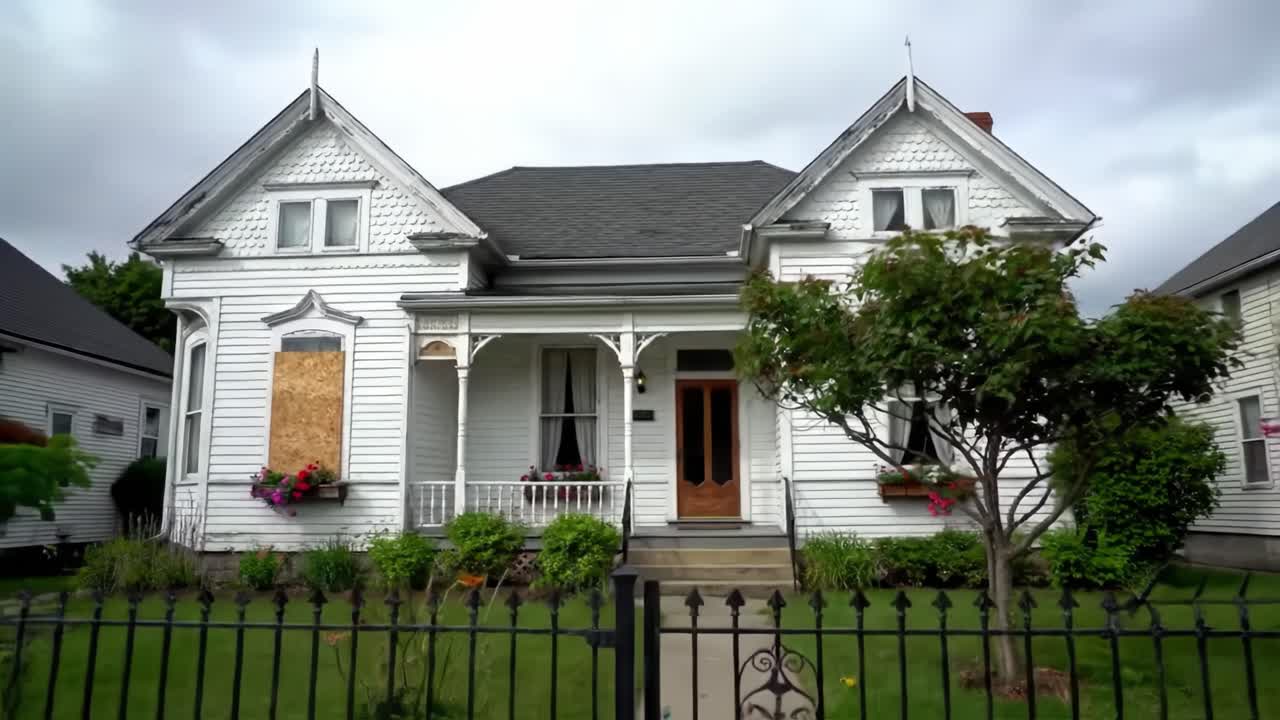 A charming white house with a classic design sits in a serene neighborhood. The property has a well-maintained yard, but the windows are boarded, hinting at renovation needs.