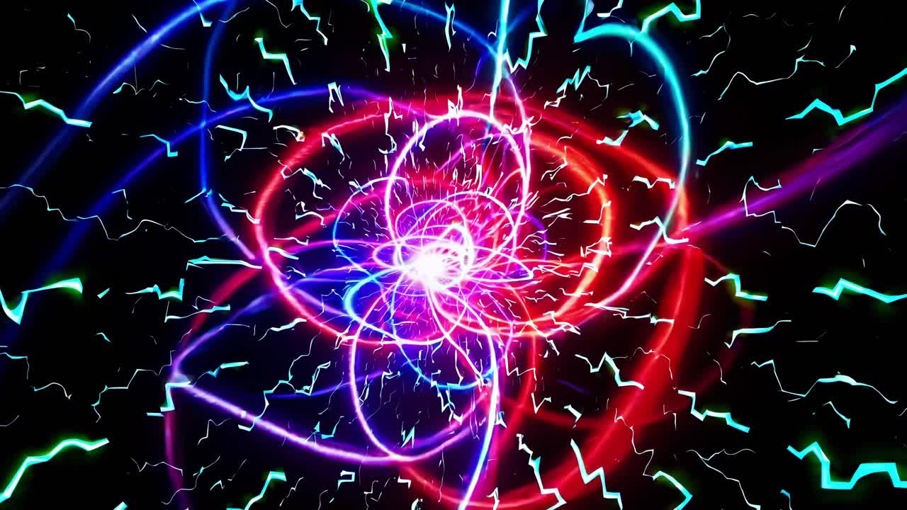 luces de neón vibrantes girando y pulsando, generando un efecto de explosión de luz cósmica contra la superficie agrietada oscura, irradiando intensa energía visual y luminescencia dinámica