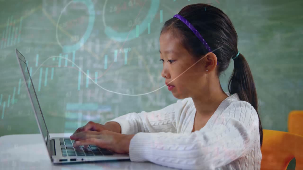 Animation of circles and graphs moving over asian girl studying over laptop in classroom