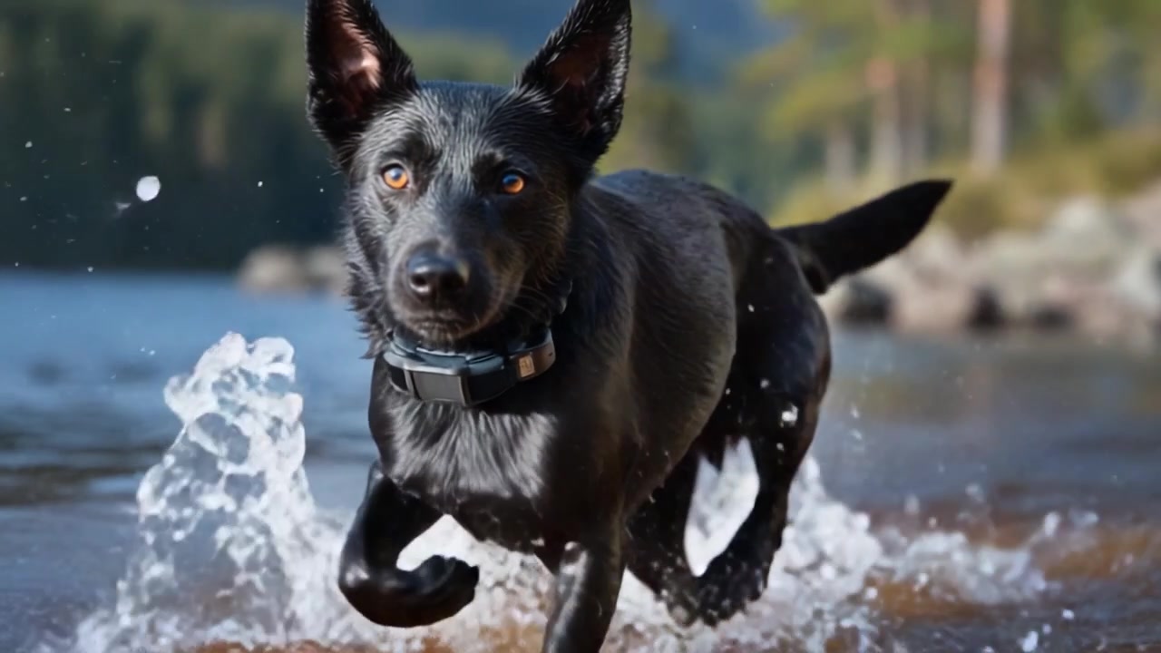 Eğlenceli siyah bir köpek suda sıçrayarak enerjik kişiliğini ve eğlenceye olan sevgisini doğal bir açık hava ortamında sergiliyor