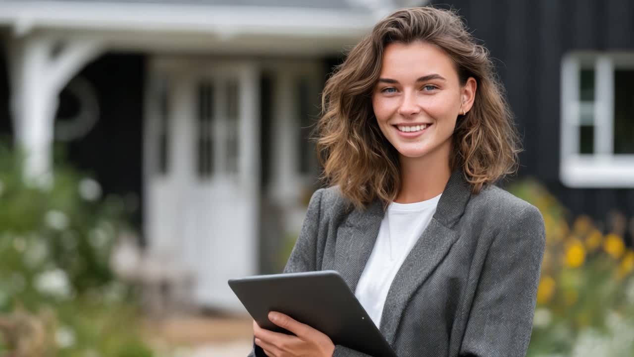 Una giovane donna sorridente che tiene in mano un tablet mentre si trova fuori da una bellissima casa immersa nel verde, che trasuda sicurezza e professionalità in un abito elegante