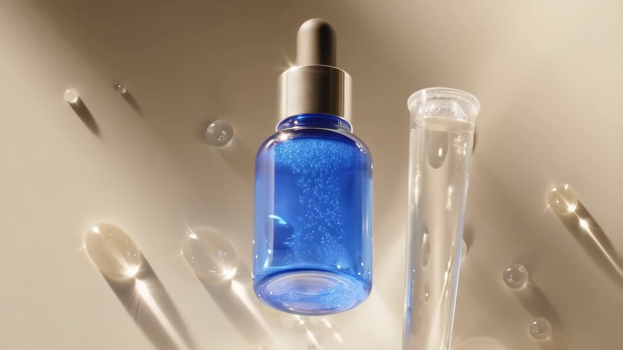 Blue Serum Dropper Bottle and Test Tube on Reflective Surface