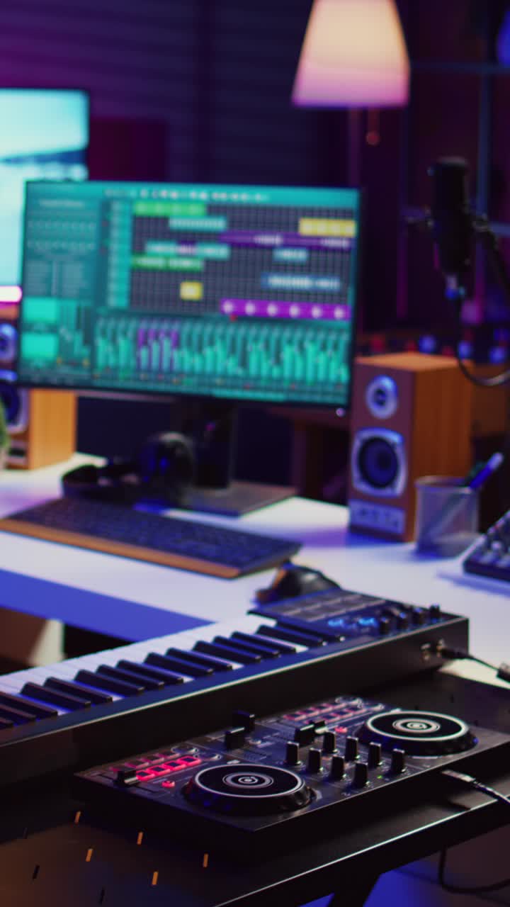 Moderno studio di produzione musicale con workstation audio digitale