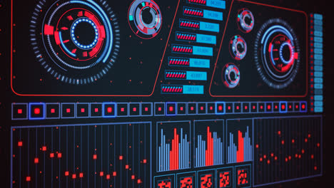 interface gráfica futurista avançada. a tela está cheia de informações digitais, botões e barras de progresso. ele exibe diagramas abstratos, gráficos e infográficos com modelos de estatísticas virtuais.