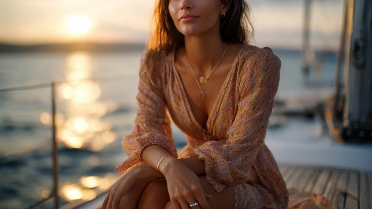 Un momento sereno al tramonto su uno yacht: una giovane donna in abito floreale riflette sulla vita mentre naviga le acque calme di una sera incantevole.