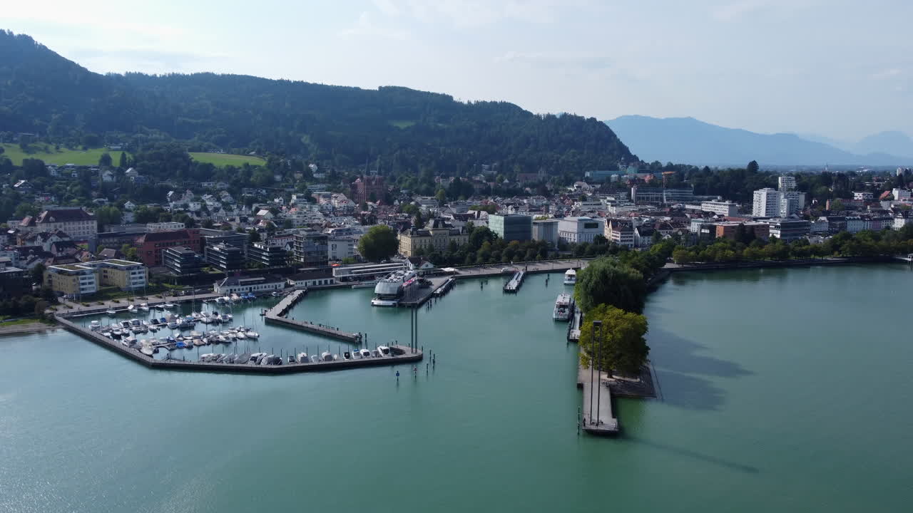 Aerial flying towards Bregenz on the shores of Lake Constance, Austria