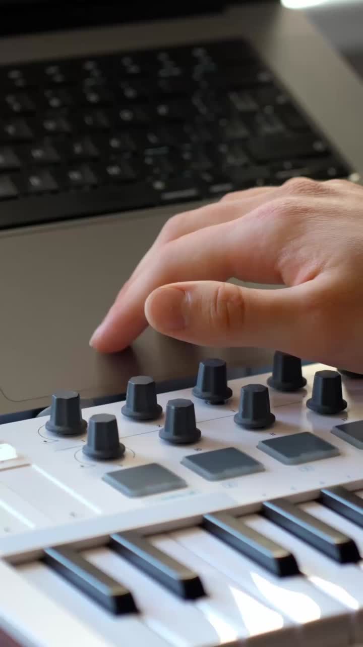Vertical shot of A musician works on a laptop above a MIDI keyboard in a home studio
