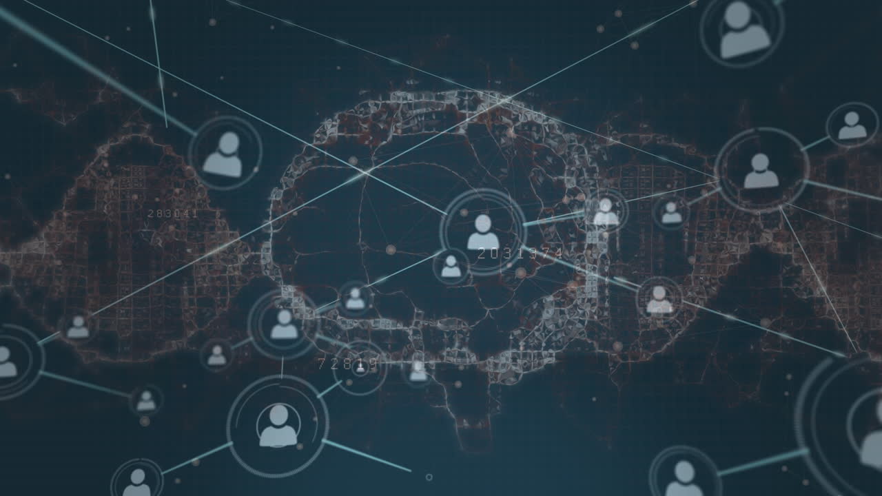 Animation of connections over brain and waves on black background