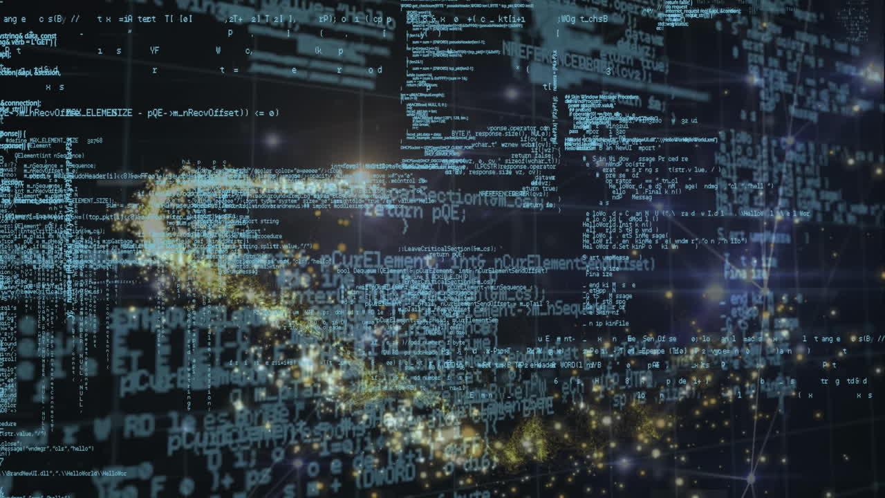 Animation of network of connections and data processing over shooting star on black background