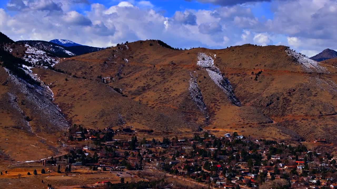 Lookout Mountain Genesse Evergreen Golden aerial drone Colorado snowy winter blue skies clouds windy road homes neighborhood Rocky Mountains Front Range daytime sunny parallax circle right motion
