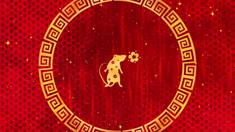 red chinese new year background with gold, rat, fireworks, 3d rendering loop 4k. magical happy new year animation