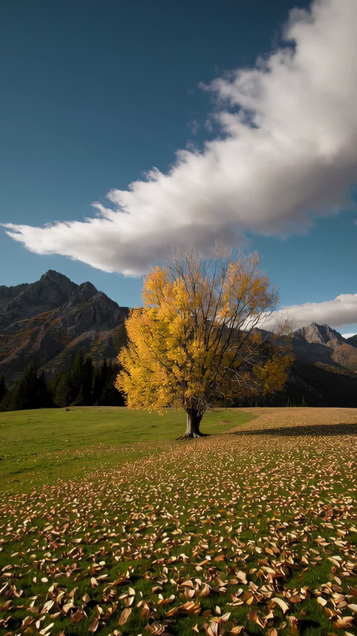 Autumn Landscape with a Colorful Tree and Mountains