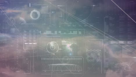 Animation of digital screen with data, connections and clouds