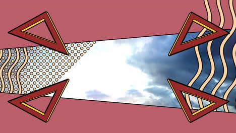 animación de triángulos giratorios y elementos gráficos que enmarcan un cielo nublado y brillante