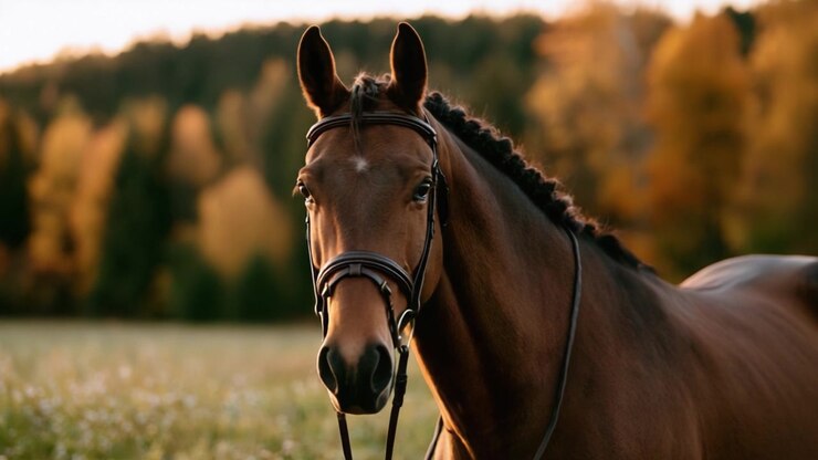A Majestic Brown Horse Stands Proudly in a Serene Autumn Landscape, Showcasing Its Elegance and Strength Against a Backdrop of Vibrant Colorful Foliage