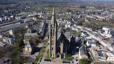 aerial view of a town with a notable church