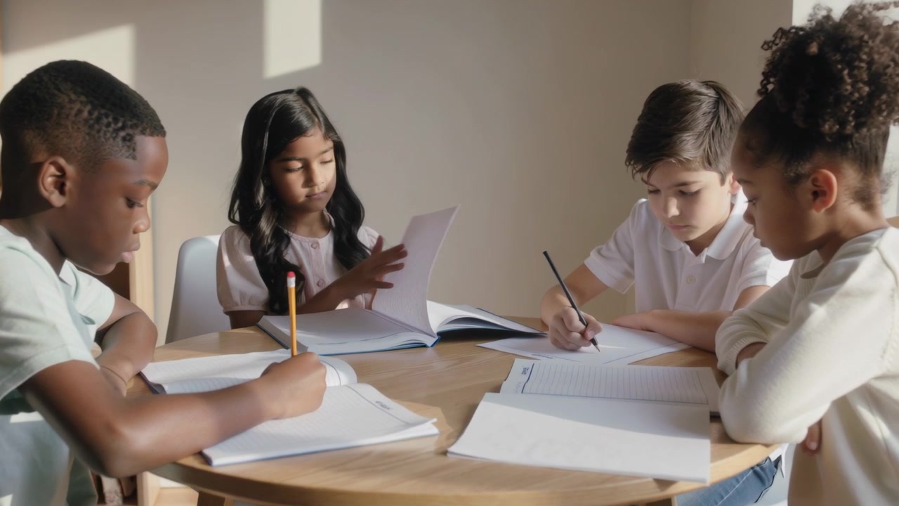 Writing four children responding to notebooks at round table in classroom, completing exercises