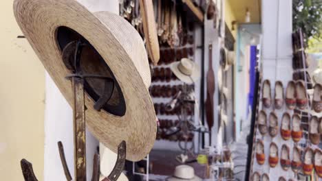 close up shot of hats from a souvenir store in downtown tlayacapan during the day in morelos, mexico