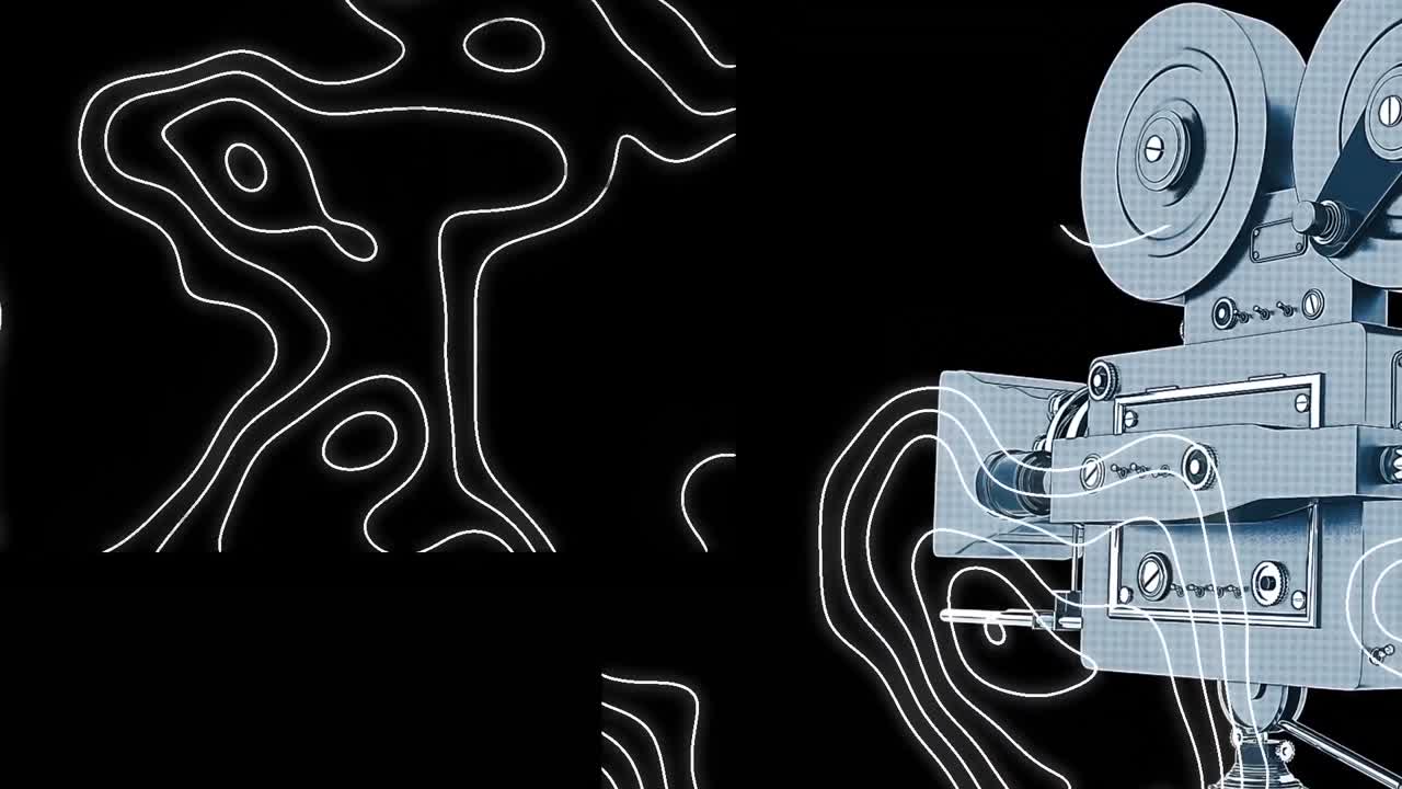 ⁇ 색 위에 있는 필름 카메라의 애니메이션 검은색 배경에 있는 선의 움직이는 지도