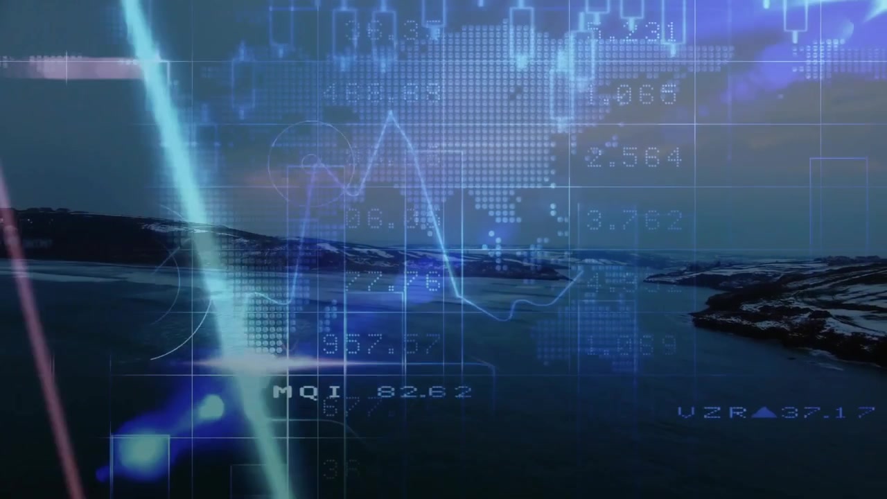 Displaying digital interface on fjord inlet showing fluctuating line graph dot map numeric overlays