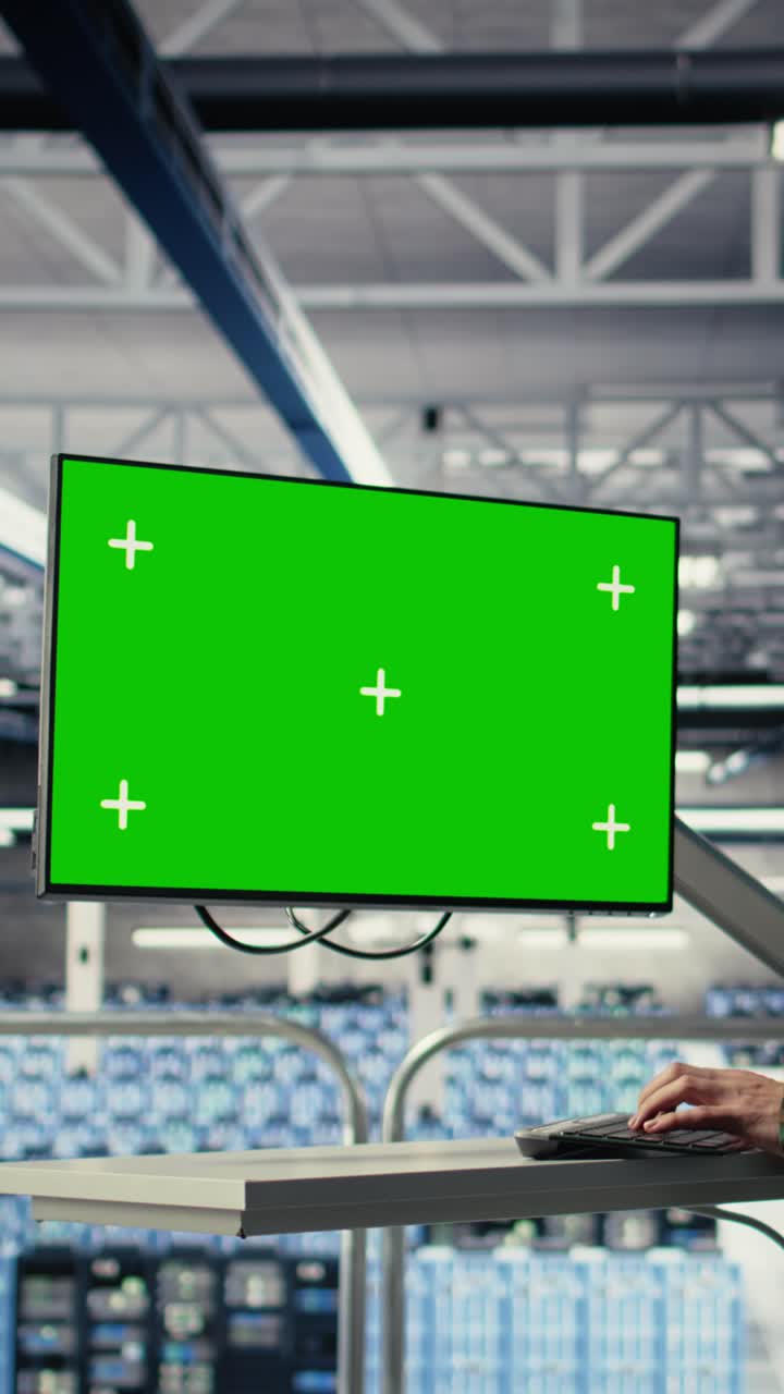 Vertical Video Military Data Center Professional Using Software On Green Screen Mockup Pc