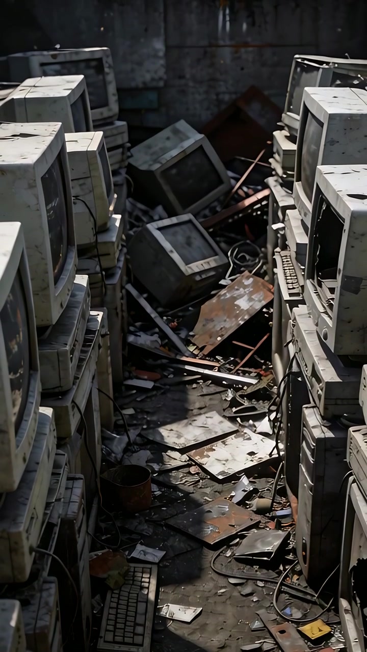 Vertical video: Panning camera as sunlight revealing CRT monitors and keyboards in aisle
