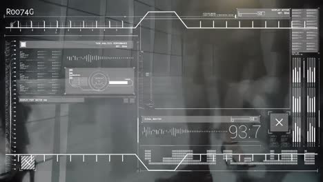 animation of data processing over businesspeople walking in office